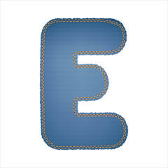 Illustration of alphabet letter E made from denim with torn raw edge, trimmed with orange threads along the edge. Vector. Can be used in web design, print, posters, word and capital letter layouts