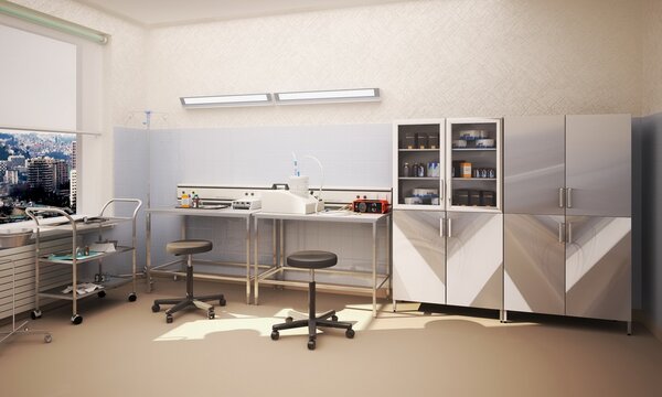 3d render of modern furniture equipment for medical research laboratory and clinical research, high degree of protection