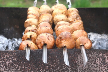 Vegetarian food made from delicious mushrooms cooked with charcoal skewers on the grill