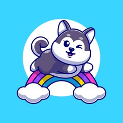Cute husky dog jumping with rainbow cartoon
