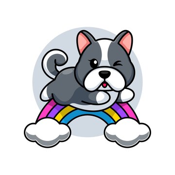 Cute dog jumping with rainbow cartoon