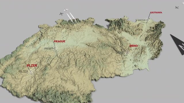 Seamless looping animation of the 3d terrain map of Czech Republic with the capital and the biggest cites in 4K resolution