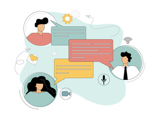 Business people communicate in messenger with dialog speech bubbles, news, social networks