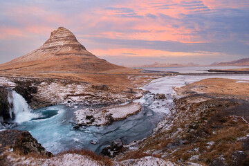 At the mountain kirkjufell and the waterfall Kirkjugellsfoss, snaefellsness peninsula, Iceland, Europe