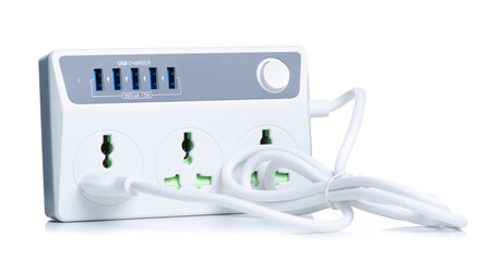 Universal extension cord with usb on white background isolation