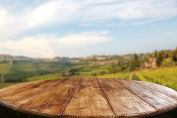 Desk of free space and vineyard landscape 
