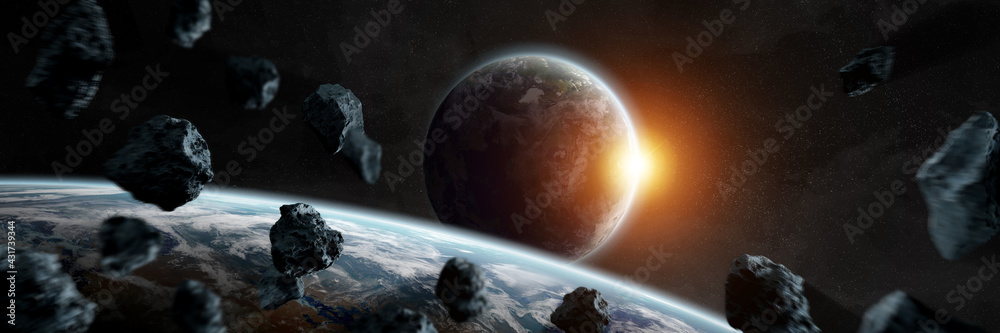 Poster panoramic space planets background. panorama of distant solar system with exoplanets 3d rendering el
