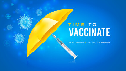 Vector design with blue coronavirus vaccine background. Safety umbrella created by vaccination. Time to get vaccinated against the Covid-19 coronavirus. - obrazy, fototapety, plakaty