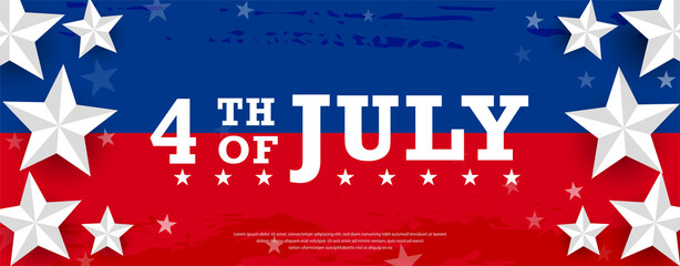 USA modern 4th of July lettering design with stars on red & blue watercolor, grunge background with 3d star. Promotional advertising banner template for Brochures, Poster, or Banner. 
