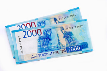 Scattered Russian 2000 rubles banknotes closeup