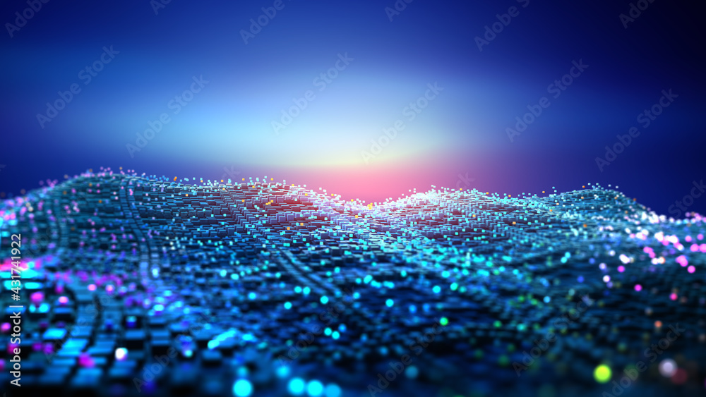 Aufkleber Smart city, digital future, quantum computer, cybersecurity, blockchain technology. 3D illustration of an information field with a block structure