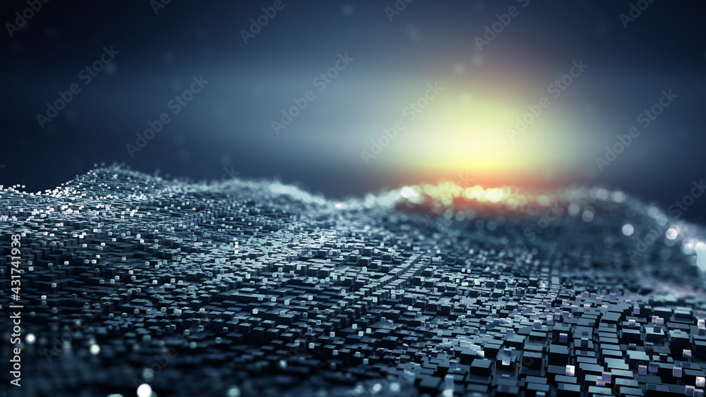 Aufkleber Smart city, digital future, quantum computer, cybersecurity, blockchain technology. 3D illustration of an information field with a block structure