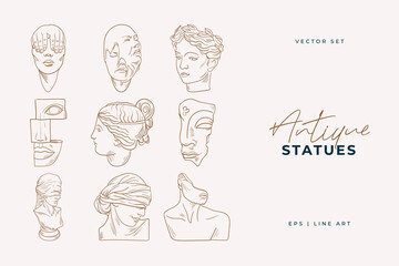Linear drawings of heads of antique statues of the goddess and mythical god in the engraving style. Creative minimal linear woman vector with growing branch from her head.