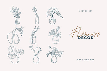 Homeflowers Botanical logo outline drawing. Minimal floral vintage style. Doodle plant vector illustration. Pure nature organic brush. Line drawing. Botanical floral badge. Eco product emblem.