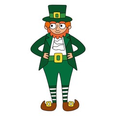 Hand-drawn cartoon man in leprechaun green costume stock vector illustration. Funny childish character isolated on white for Saint Patrick's Day traditional Irish holiday