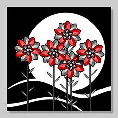 Stylized landscape with red flowers against the background of the moon. 