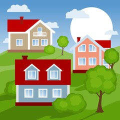 Landscape with village houses and trees on green hills. Vector illustration.
