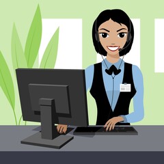 Smiling young woman helpline operator with headset using computer at office. Vector illustration.
