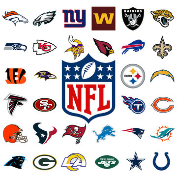 Logo of all national football league teams. NFL team icons. Set all the new football teams logos. Vector eps illustration.