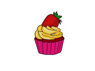 Set of cute cupcakes and fruit wallpaper on leaf background.