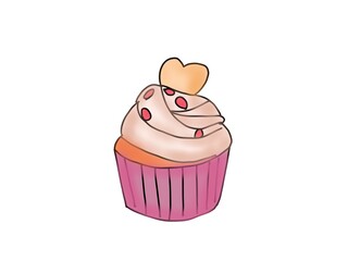 Set of cute cupcakes and fruit wallpaper on leaf background.