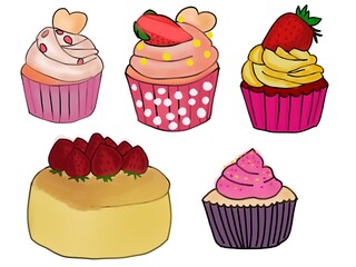 Cute cupcake set painting On a white background.
illustration.