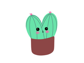Cute cartoon cactus in brown pot On a white background