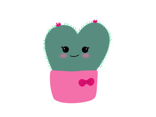 Cute cartoon cactus in brown pot On a white background