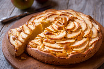 Apple pie, delicious pastry dessert with slices of apple on top