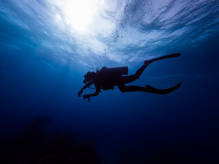 Silhouette of a diver with bubbles. Sunlight behind a diver. 