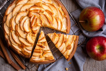 Apple pie, delicious pastry dessert with slices of apple on top