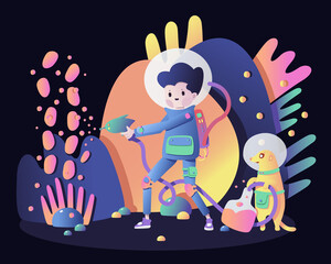 Cartoon vector illustration. Space farmer with the pet. 