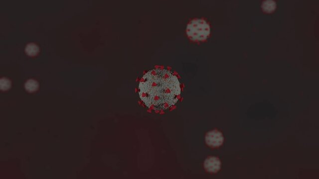 Realistic 3D animation of the single particle of Coronavirus with many particles on background.  COVID-19. Seamless loop.