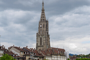 Fototapeta na wymiar Bell tower of The Bern Minster cathedral, Switzerland