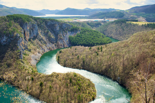 Amazing mountain landscape with meanders of curving river Uvac in canyon of the nature reserve in Serbia