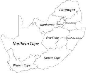 White blank vector map of the Republic of South Africa with black borders and names of its provinces