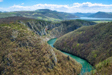 Amazing mountain landscape with meanders of curving river Uvac in canyon of the nature reserve in Serbia