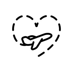 Plane and heart, love of travel, simple business icon. Black linear icon with editable stroke on white background