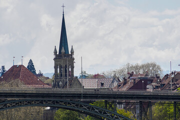 Kornhausbrucke bridge and spire of Church of St. Peter and Paul, Berne, Switzerland