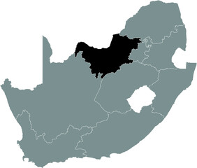 Black highlighted location map of the South African North West province inside gray map of the Republic of South Africa