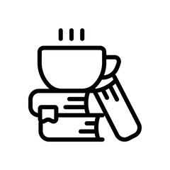 Stack of books and cup of coffee, library on the shelf, open knowledge, simple icon. Black linear icon with editable stroke on white background