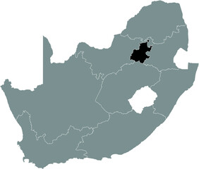 Black highlighted location map of the South African Gauteng province inside gray map of the Republic of South Africa