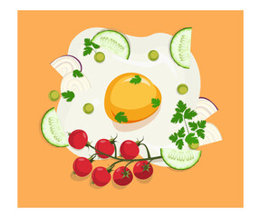 Fried eggs are a dish made with raw eggs in a pan. A dish for morning breakfast. Fried eggs with vegetables. Vector. Flat and cartoon style. Can also be used for the egg festival.