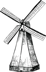 Windmill. Hand drawn vector illustrations isolated on white background. Monochrome engraving technique.