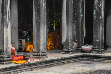 Buddhist Monk in Ancient Temple in Asia