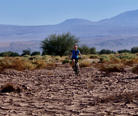 Active biker girl with helmet riding in dry desert before mountains and trees, Atacama salt desert, Chile