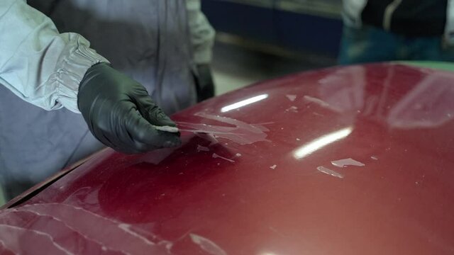 Auto paint specialist man tears off old damaged paint with a spatula from parts of a car hood. Close-up shot