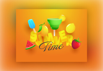 3D Summer Text with Realistic Fruits, Ice Cream and Lemonade Cocktail on Orange Background
