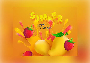 3D Summer Text with Realistic Mangoes, Strawberries and Splash Effect on Dark Yellow Background