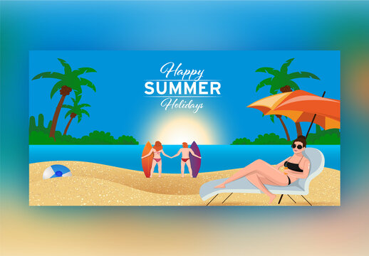 Beautiful Sun Beach Background with Swimmer and  Surfer Character for Happy Summer Holiday